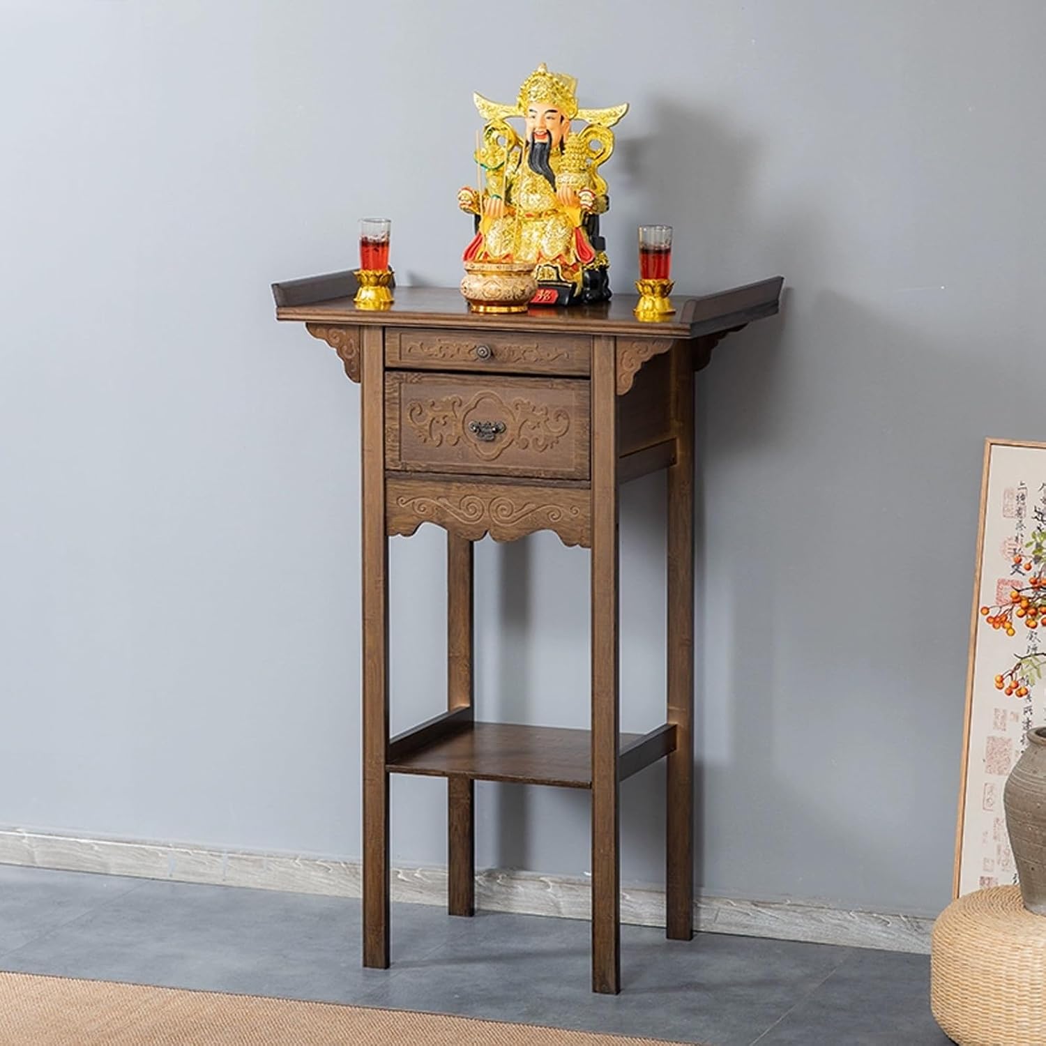 Meditation buddhist table with retractable shelf, churches shrines altar shelf, Vintage Buddha statues sacrificial table with drawers, home shrine altar for prayer, for Buddha statues, offerings.