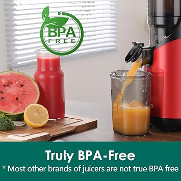 Cold Press Juicer Machines,Fretta Juicer Machines with PCTG Material from the USA,5.3 Extra Large Feed Chute Fit Whole Fruits & Vegetables,Truly BPA-Free,Easy to Clean,250W (Red, 1.8L)