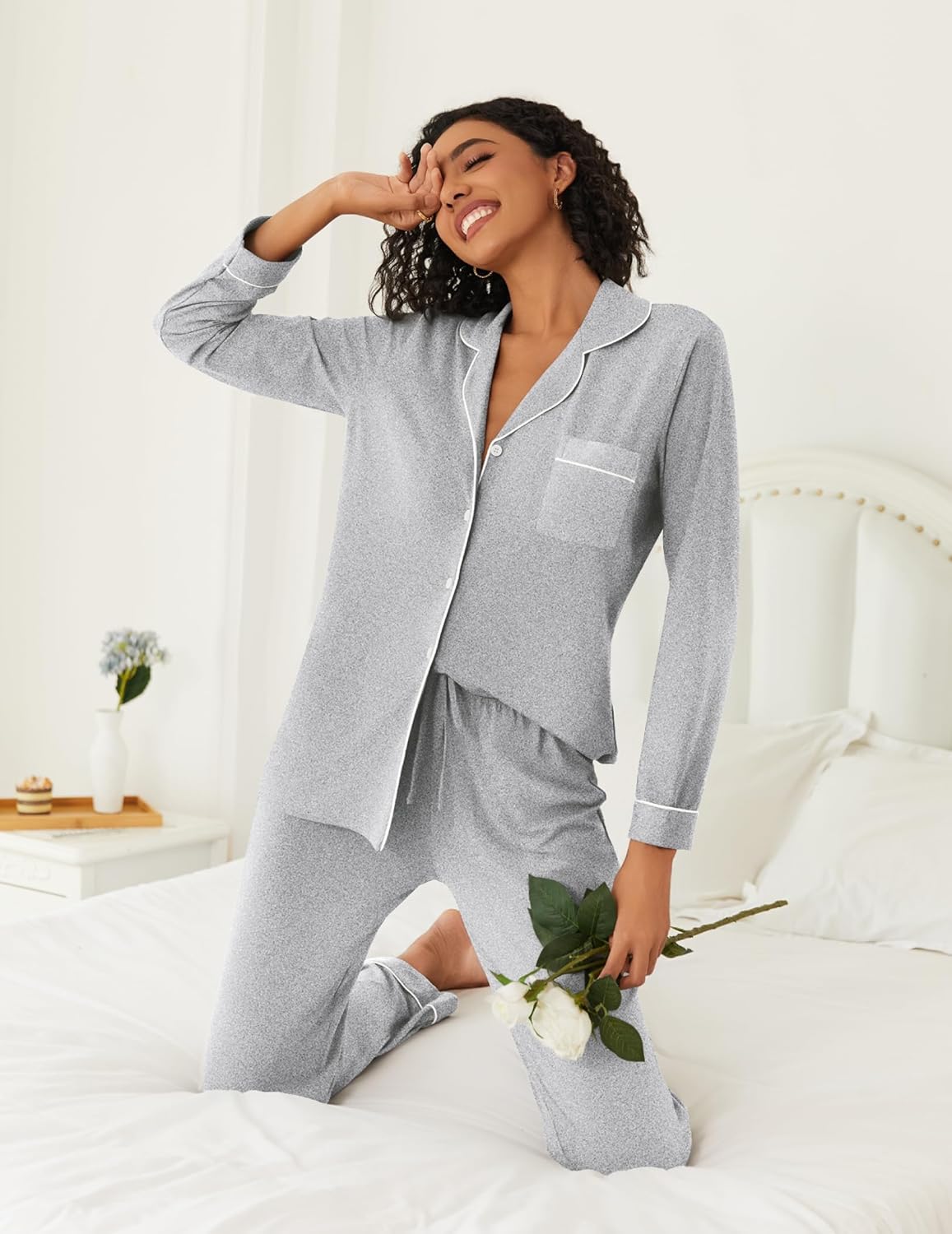 Ekouaer Womens Pajamas Set 2 Piece Button Down Pjs Soft Long Sleeve Top and Pants Sleepwear Set Lounge Sets - Image 6