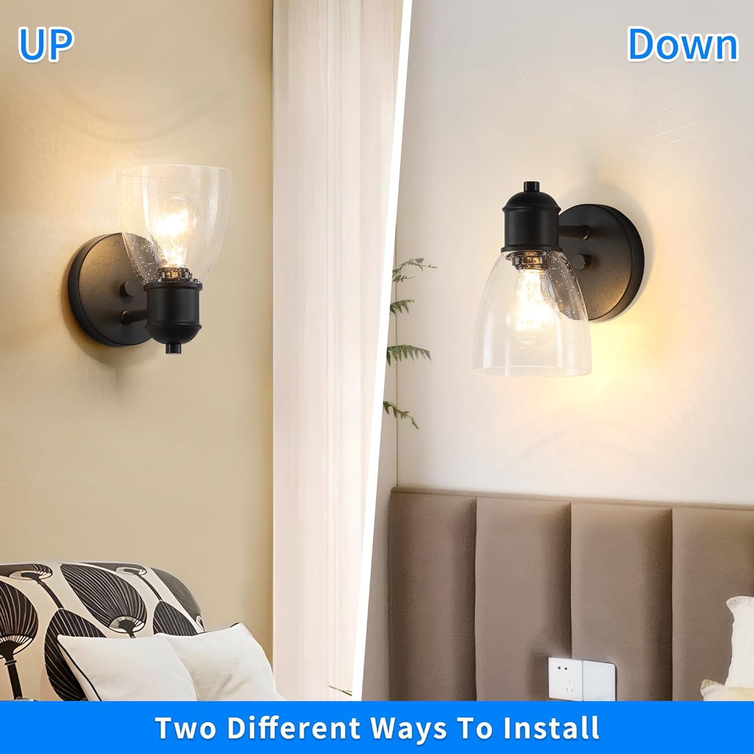 Black Wall Sconce Set ot Two, Hardwired Wall Lights for Bedroom, Modern Indoor Wall Light Fixtures with Seeded Glass for Bathroom Beside Mirror Living Room Hallway Kitchen