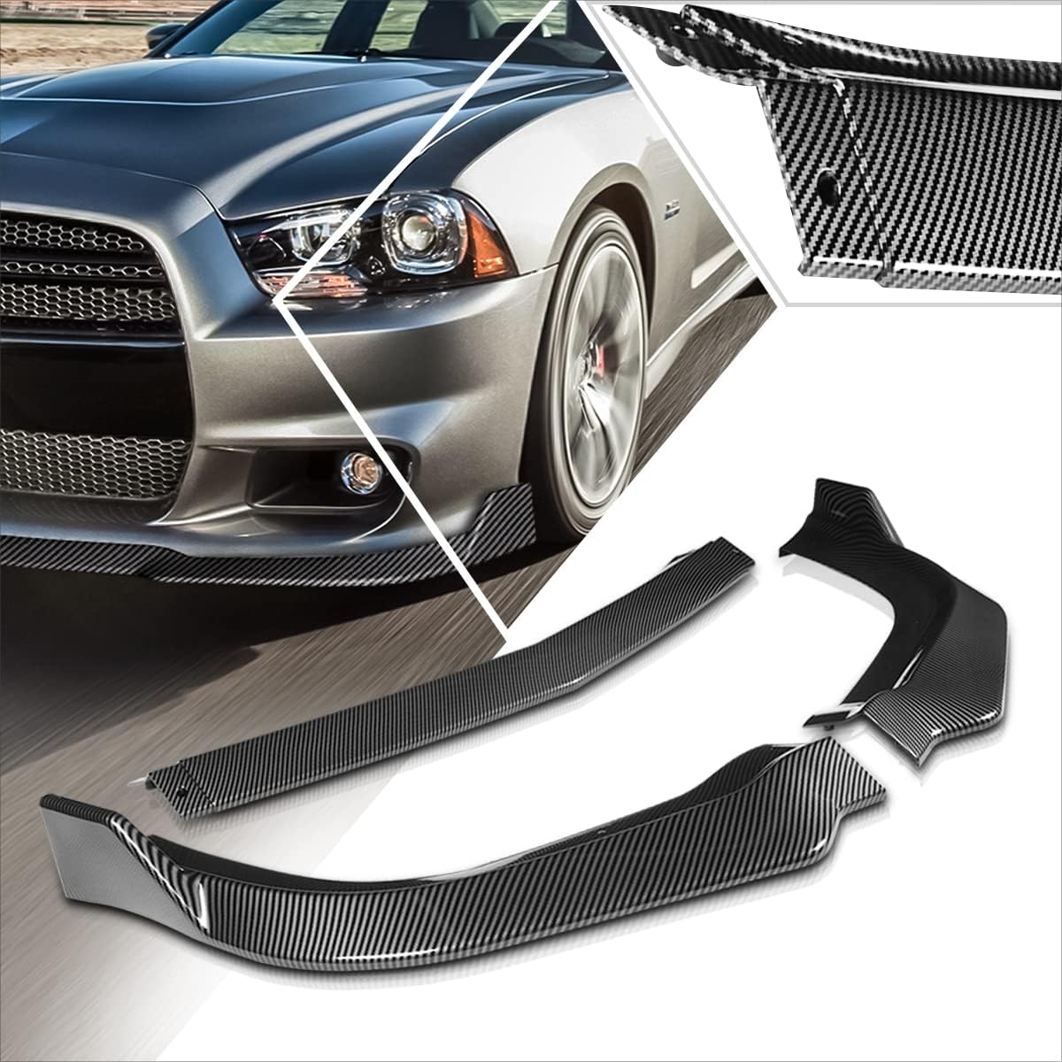 3Pcs Carbon Look Front Bumper Lip Chin Splitter Spoiler Compatible with 11-14 Dodge Charger SRT