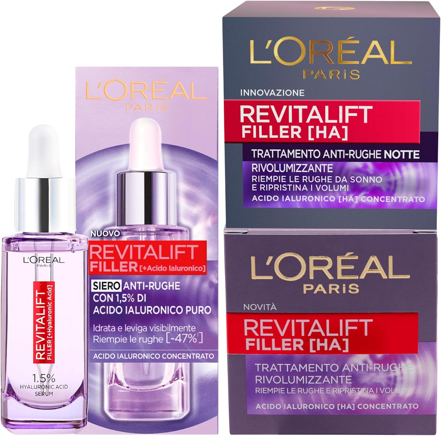 L’Oréal Paris Kit Revitalift Filler Antirimpelserum, vochtinbrengend, 30 ml + anti-aging behandeling 50 ml + revitaliserende nachtverzorging voor het gezicht met hyaluronzuur 50 ml