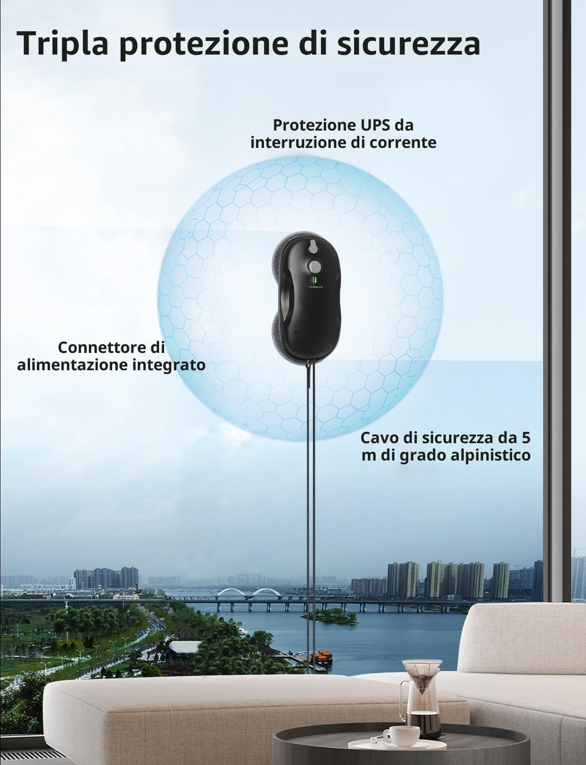 Tosima W3 Robot Lavavetri Finestre, Lavavetri Elettrico con Spruzzo Bidirezionale, Aspirazione Intelligente 3800PA, Triplo Sistema Sicurezza e Telecomando, per Vetri e Superfici Lisce, con 12 Panni
