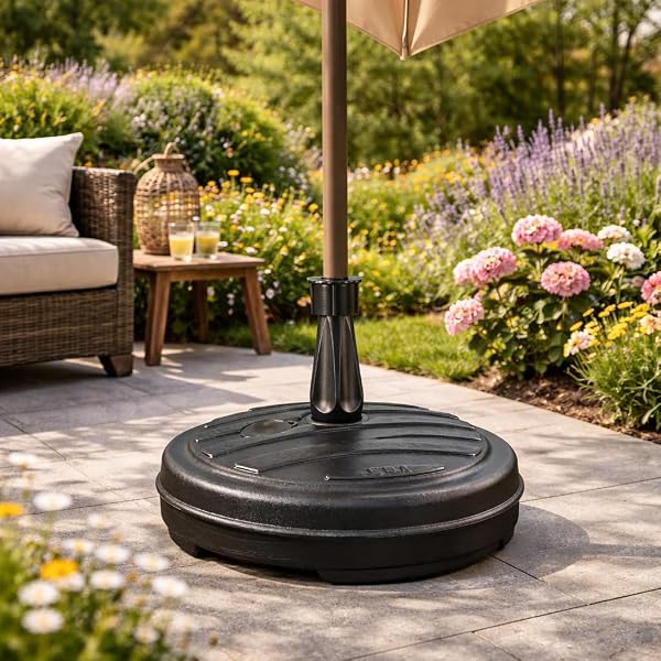 13L Garden Parasol Base Stand – Heavy Duty Umbrella Stand for Patio, Garden & Balcony – Stable, Durable & Weatherproof – Fill with Sand or Water | Fits 18–32mm Poles, Black or White (Black) - 2