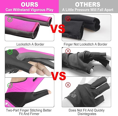 Miniatura 3 de YFY Billiard Pool Gloves for Left Hand 3 Finger, Splicing Process, Snooker Cue Sport Glove Popular Sizes for Men & Women Rosa fuerte,Negro