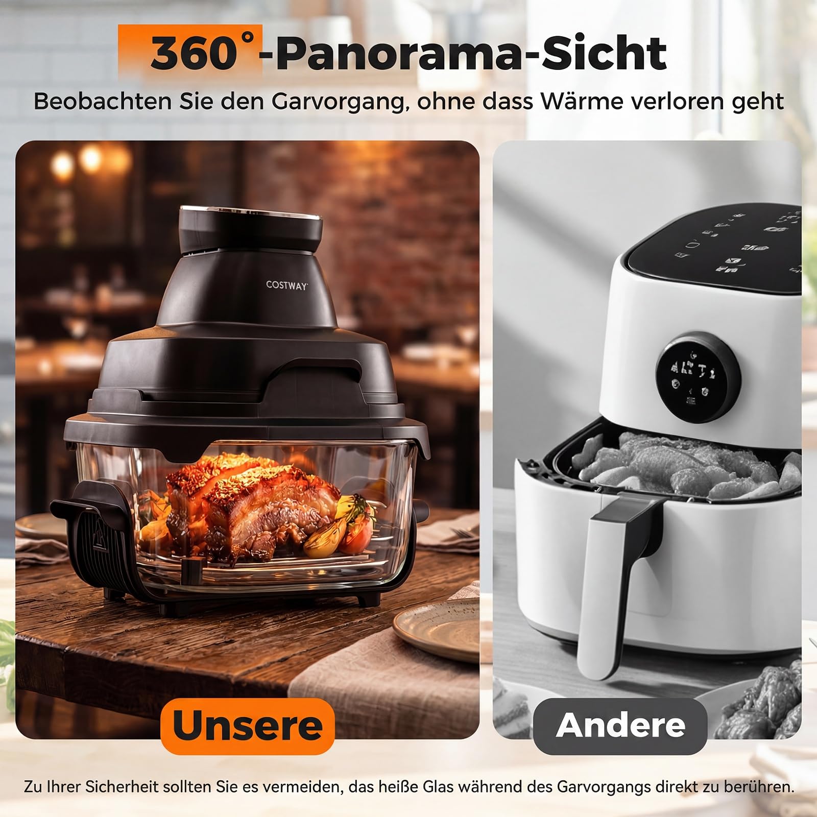 COSTWAY Przenośna frytkownica Air Fryer 4 l / 1,7 l, Airfryer 6 w 1, 1500 W, smażenie na gorącym powietrzu i pieczenie, frytkownica na gorące powietrze z 2 wyjmowanymi szklanymi pojemnikami i