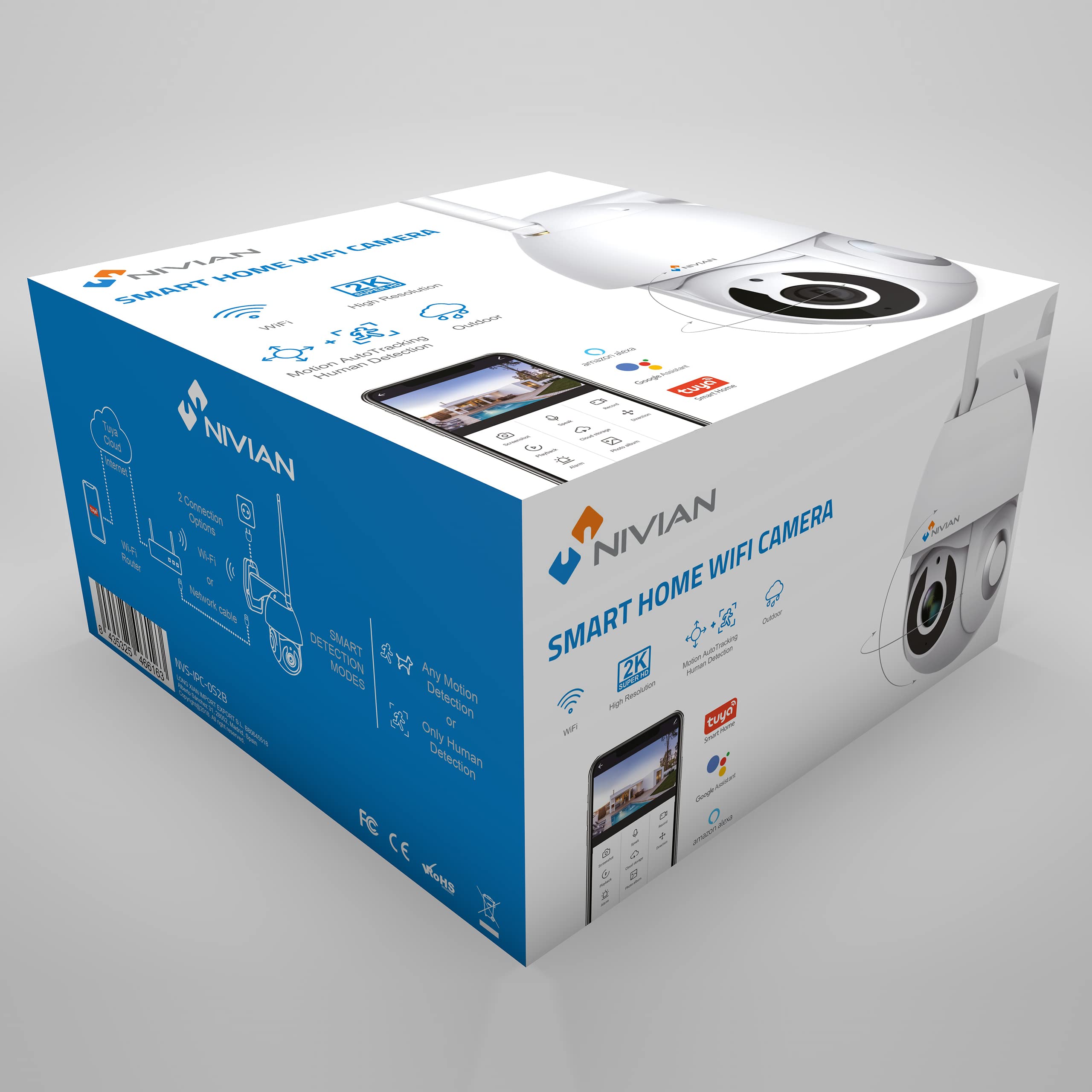 NIVIAN Telecamera PTZ Wifi 2,4Ghz-Half4K-Movimento da remoto 360º con Autotracking e rilevamento di persone-Visione notturna -Telecamera esterno -Compatibile con Alexa, Google Home e APP Tuya