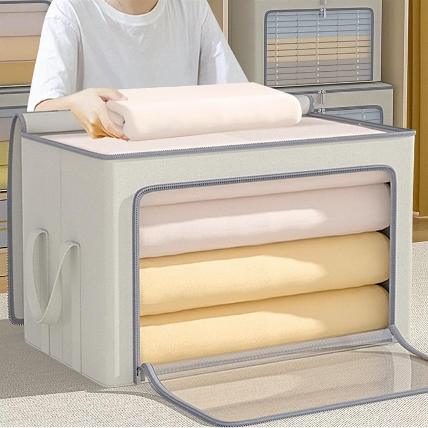 Storage Bag for Clothes Bedding Clothes Storage Bags Under Bed Box with Zips Foldable with Clear Window for Bedding Storage Container(G,50 * 30 * 40cm)