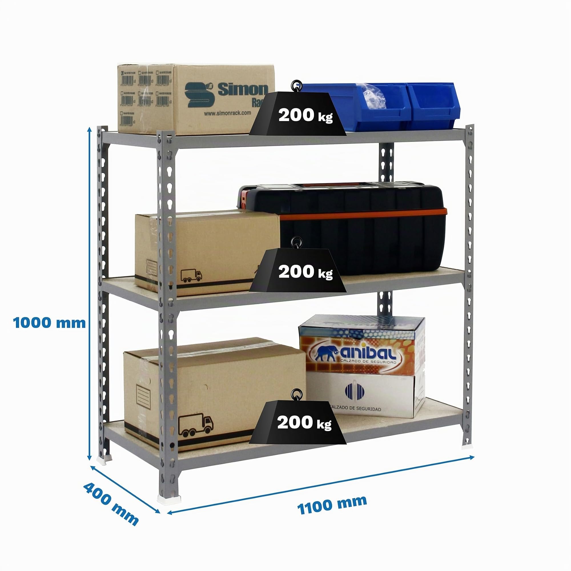 SimonRack Étagère Rangement et 3 Niveaux en Boix, 200 kg Capacité de Charge et Point de Flexion, 1000x1100x400 mm, Étagère Charge Lourde, Étagère Garage, Gris/Bois - Maderclick