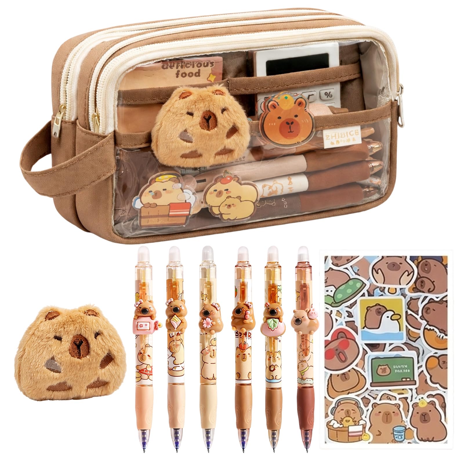 YciVhh 18-Pcs Capybara Stationery Set, Capybara Pencil Case with Cute Figures, Portable Storage for School and Office Use, Complete Writing and Decorative Accessories Collection