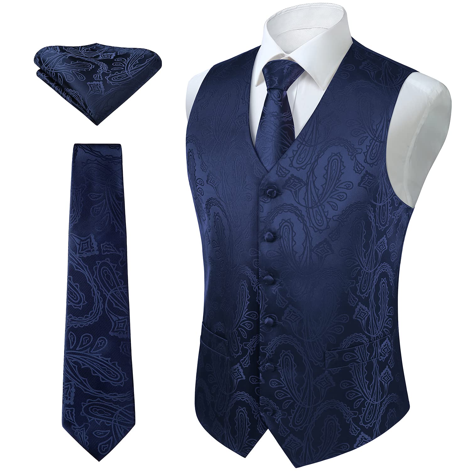 Enlision Men's Paisley Floral Wedding Party Jacquard Waistcoat&Necktie and Pocket Square Vest Suit Set, Navy Blue, XL(Chest size 48inches)