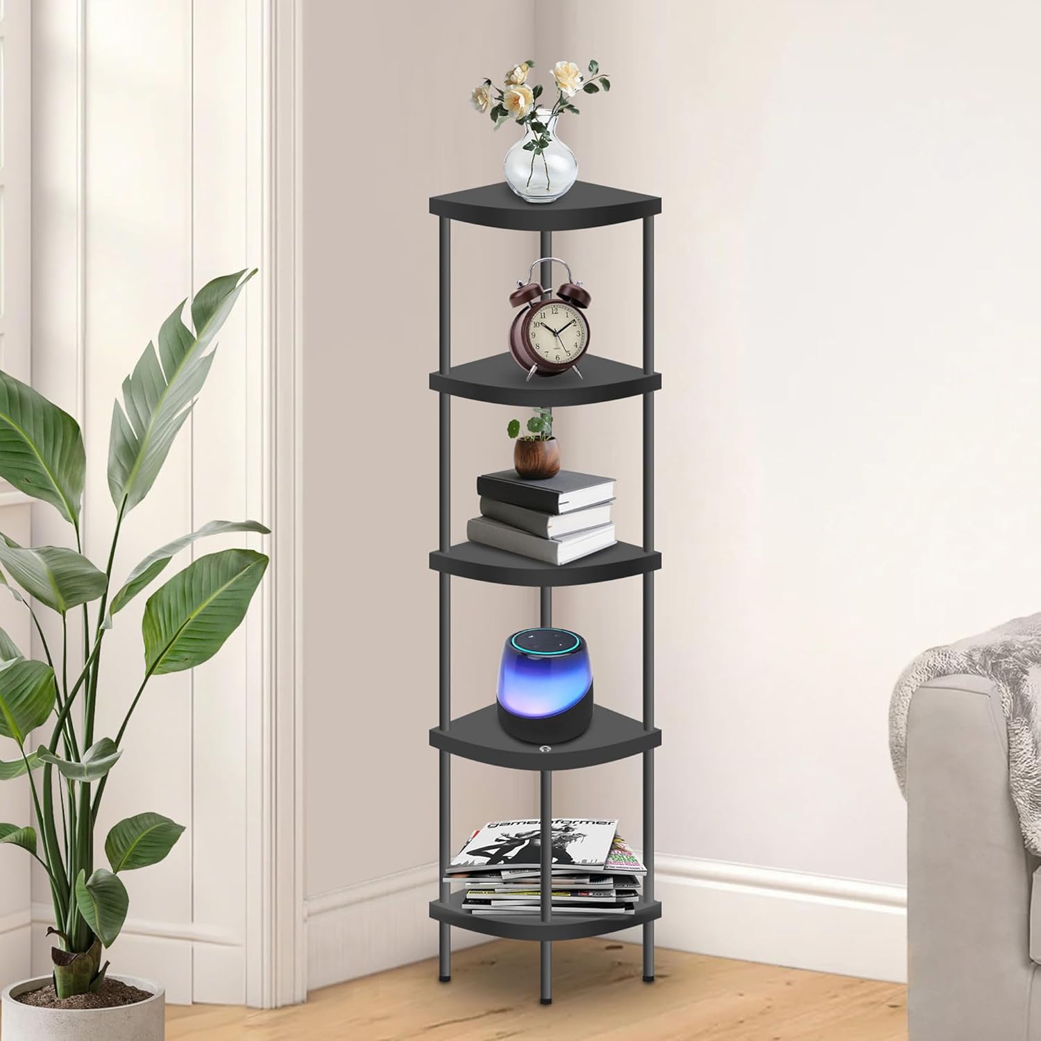 6 Tier Corner Shelf Stand, 66” Tall Corner Bookshelf Multipurpose Shelving Unit, Plant Stand Display Rack Home Organizer Shelves for Bedroom Living Room, Pink