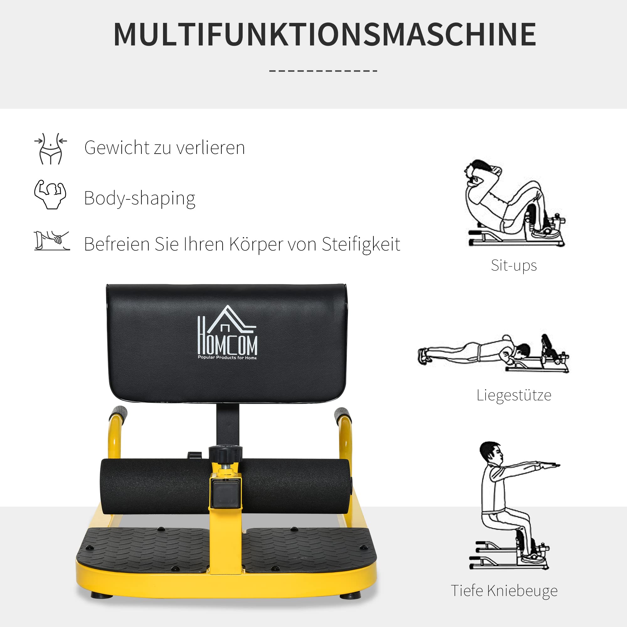 HOMCOM Sissy Squat Kniebeugentrainer Beintrainer Bauch-Gesäß-Trainer 3 in 1 Trainer verstellbar bis 120 kg Stahl Schwarz/Gelb 50 x 97 x (44,5–56,5) cm