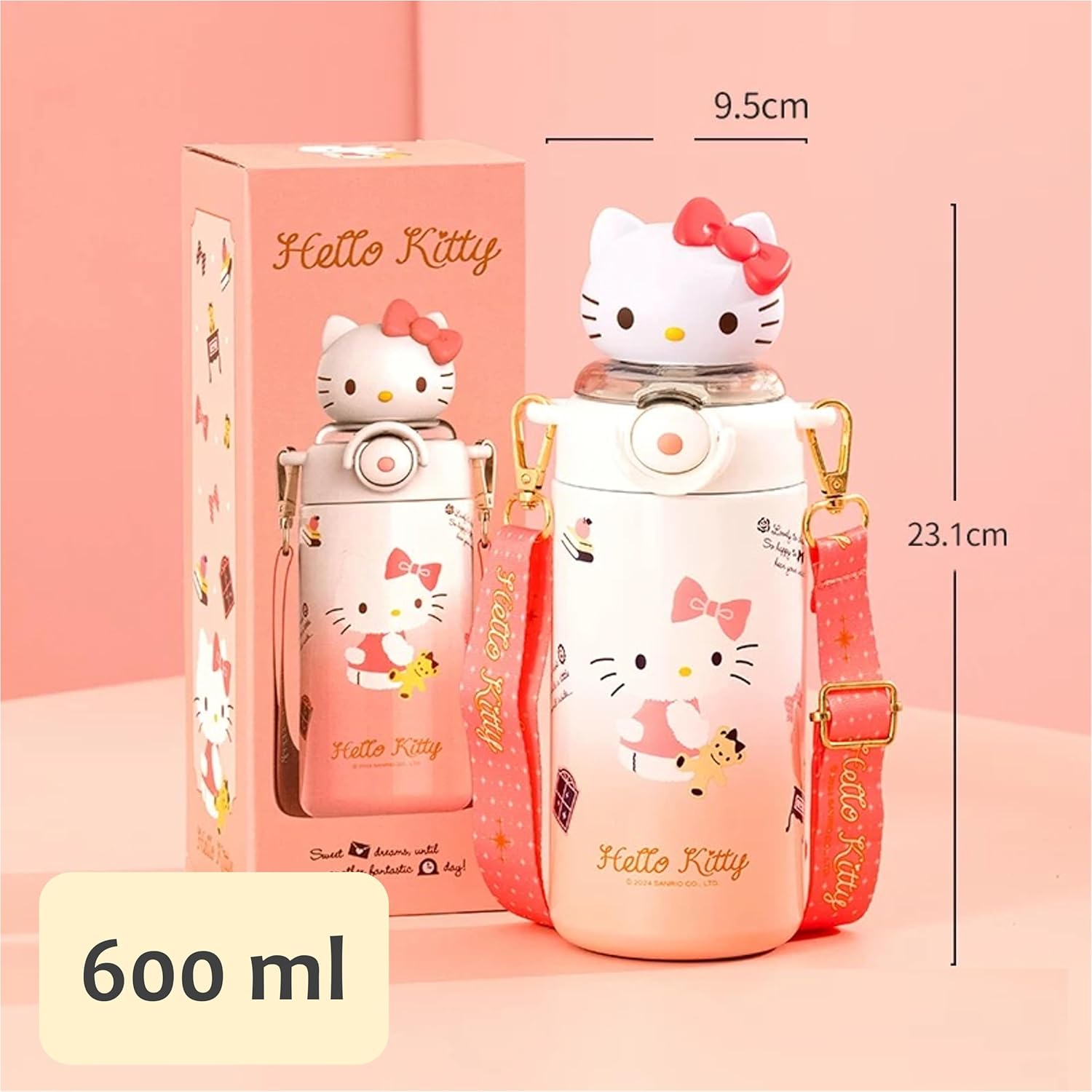 Hello Kitty Pink Stainless Steel Insulated Water Bottle (Straw) with Strap 600ml - Image 4