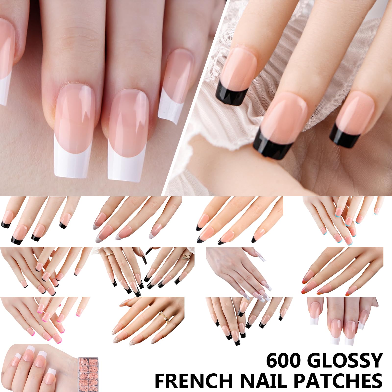 600 unidades por caja de uñas postizas con punta francesa, uñas artificiales a presión, cobertura completa, suministros de manicura
