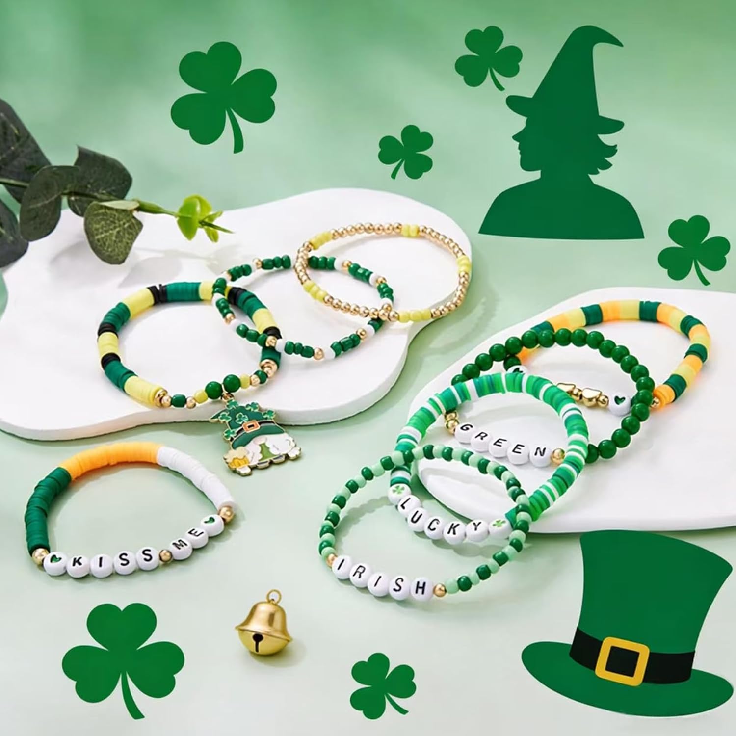 St. Patrick’s Day Beaded Bracelets Set Green Lucky Irish Stretch Bracelet Stack Clover Letter Bracelets for Women Party Accessories - Image 5
