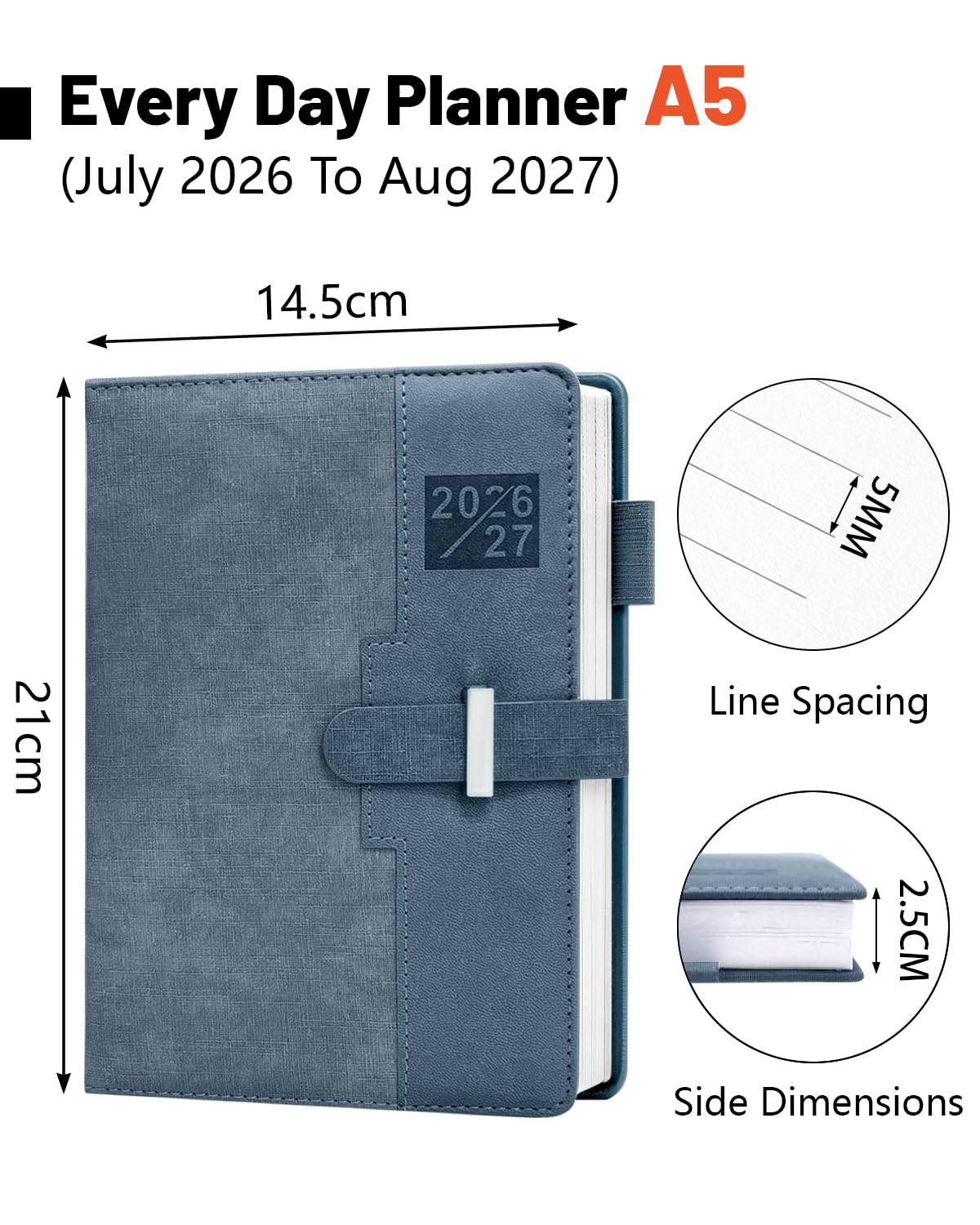Agenda 2026-2027– Planificador A5 espiral – Julio 2026 a Agosto 2027 – Español + Inglés – PU resistente a manchas y agua