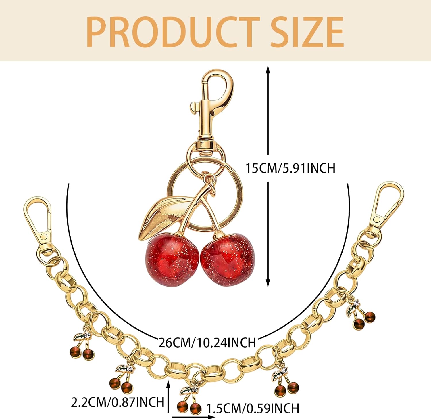 Decorative Cherry Bag Chain, Enamel Pendant Purse Strap Extender, Gold Replacement Extension Purse Chain with Cute Cherry Keychains, for Women Handbags Shoulder Crossbody Bags - Image 2