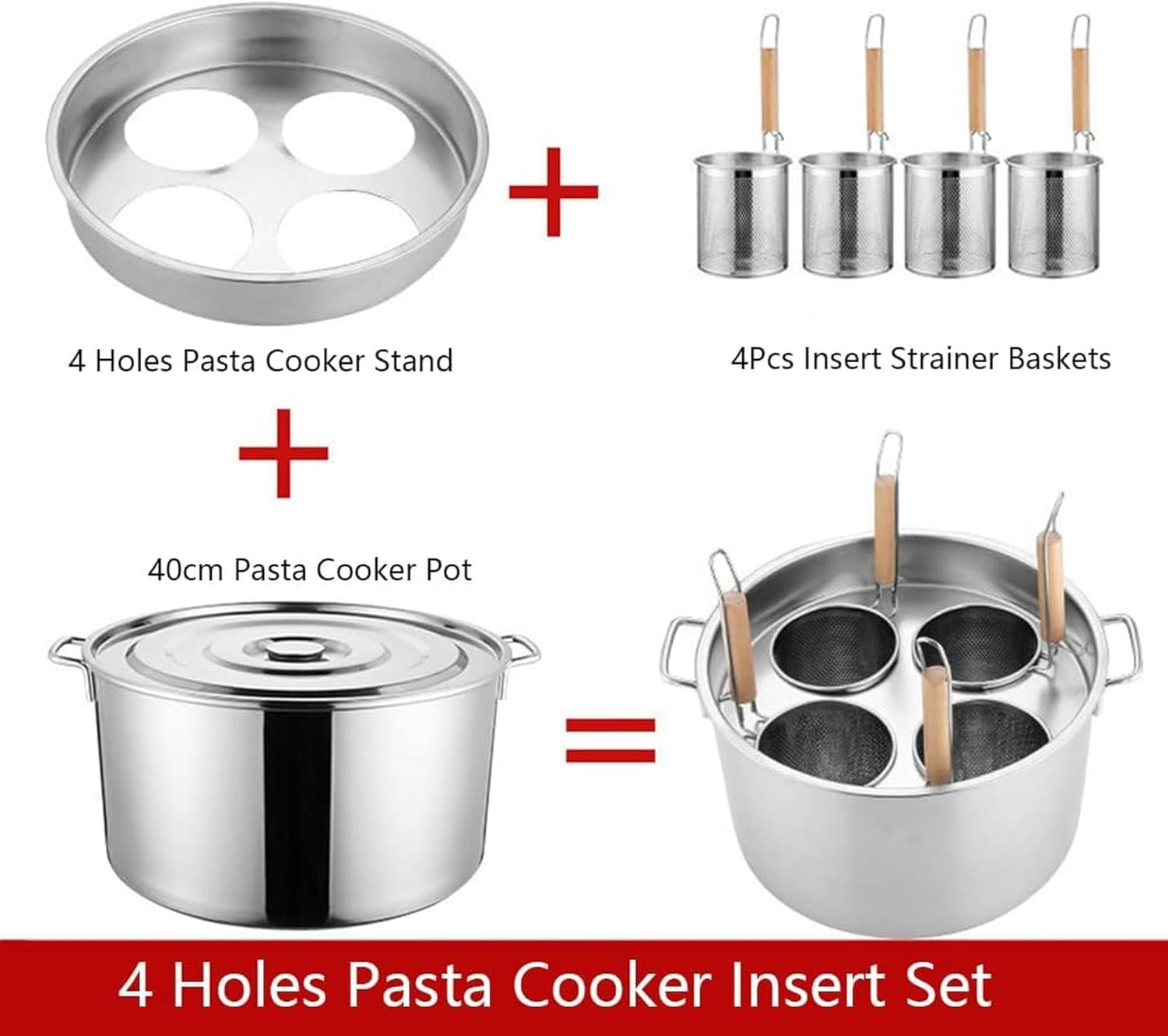 Multipots, Stainless Steel Pasta Pot with Strainer Insert, Stock Pot with Steamer Basket and Pasta Pot Insert, Pasta Cooker Set with Lid Cookware, 5 Holes-1, 4Holes