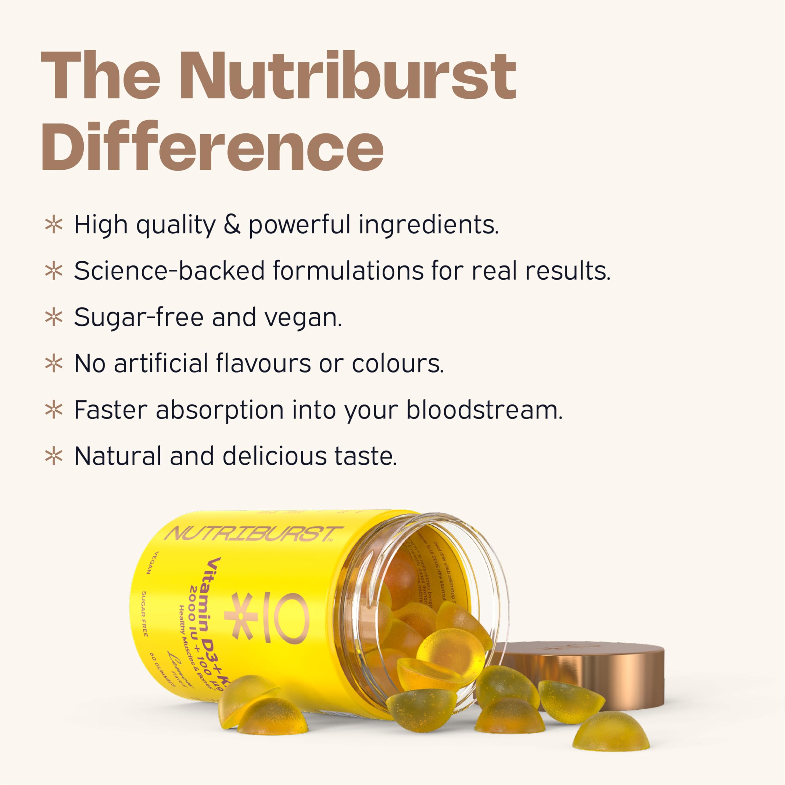 Nutriburst Vitamin D3 (200IE) + K2 (100µg) Multipack - Essentielle Nährstoffe zur Unterstützung der Knochengesundheit, Skelett- & Immunfunktion - Vegan & Zuckerfrei - 180 Zitronengummis - 3