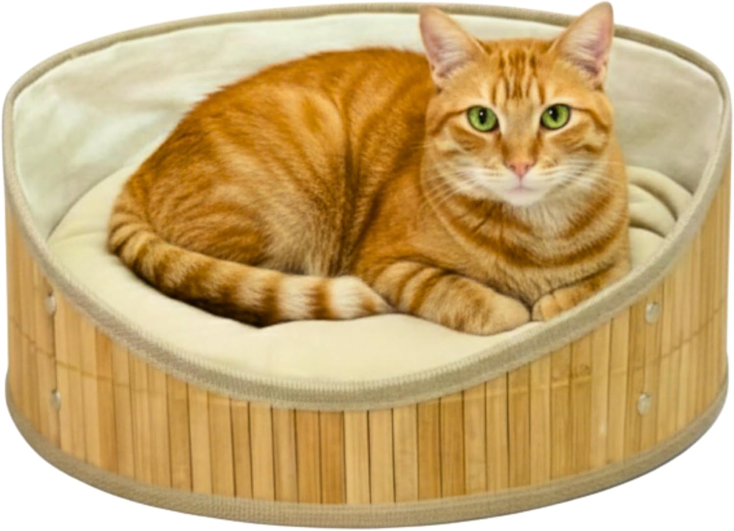 Doğal Bambu Kedi ve Köpek Yatağı – 35 cm Genişlik, 14 cm İç Çap – Ekstra Yumuşak Minderli – Nefes Alabilen Hasır Tasarım – Konforlu ve Dayanıklı Evcil Hayvan Uyku Alanı