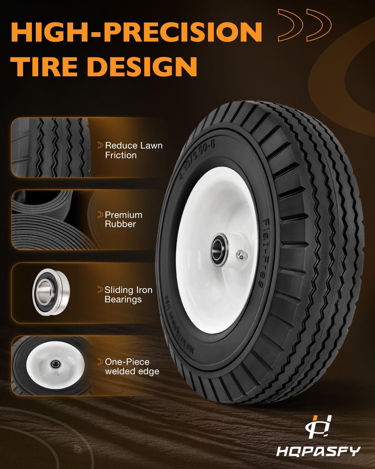 HQPASFY 2 Pack 4.10/3.50-6 Flat Free Tire, 12.5 Inch Universal Solid Tire Wheel 3/4" & 5/8" Bearings, 3"-3.5"-4"-4.5"-Center Hub for Lawn Garden Cart, Hand Truck, Wheelbarrow, Utility Cart