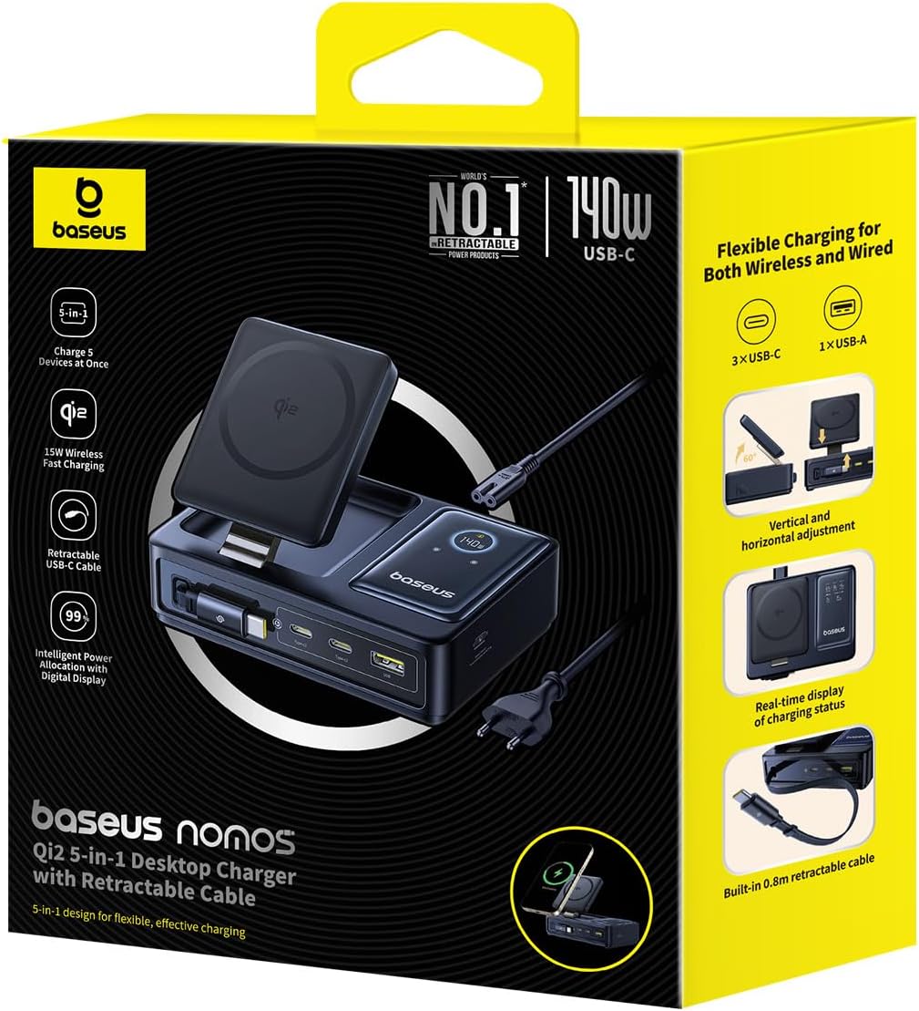 Baseus NOMOS 5 en 1 Estación de Carga, 140 W Cargador USB-C con Cargador MagSafe Qi2.0 de 15 W, Cable Retráctil Tipo C, Conectores 2*USB-C y 1*USB-A y Pantalla Digital, para iPhone/Macbook/Surface 10
