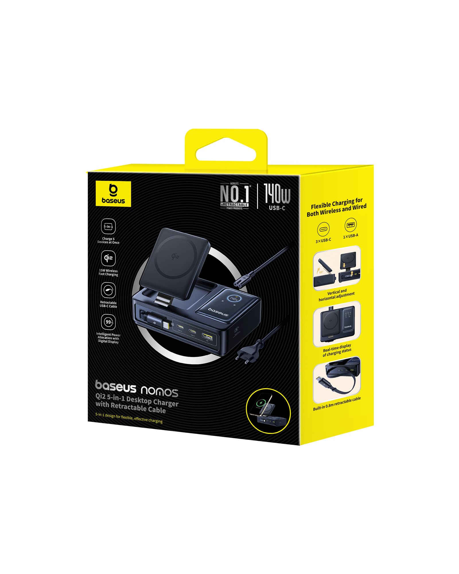 Baseus NOMOS 5-w-1 Stacja Ładowania, 140W Ładowarka USB-C z ładowaniem MagSafe Qi2.0 15W, chowany kabel USB-C, 2USB-C+ USB-A, z wyświetlaczem cyfrowym, kompatybilna z iPhone17/16/15/14, MacBook