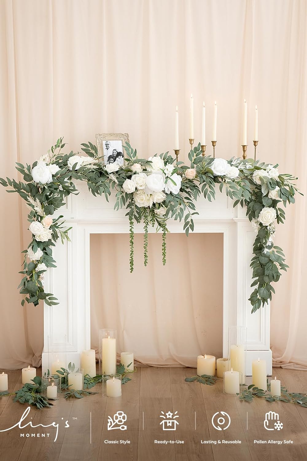 ling's moment 9ft spring flower garland for backdrop decorations - wedding arch flowers, eucalyptus & rose, artificial floral garland for mantel - sweetheart table decor for reception, white & sage wht-sage green