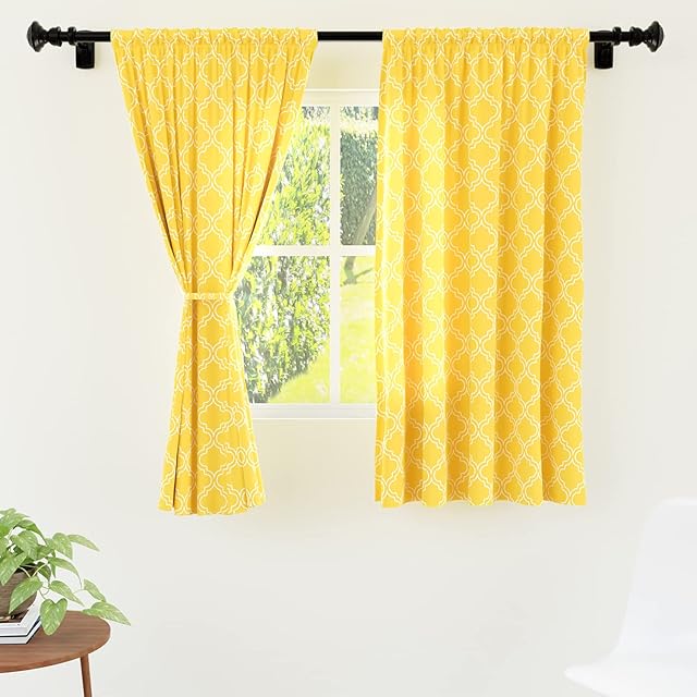 Encasa Homes Semi-Sheer Rod Pocket Printed Polyester Curtains with Tie Back, Living Room, Bedroom Curtains for Window, 4.5 ft Yellow Trellis Print, 2 Panels
