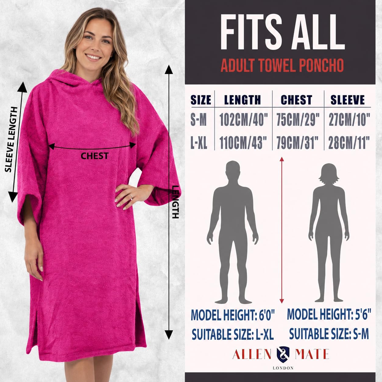 ALLEN & MATE Asciugamano poncho con cappuccio per adulti, 100% spugna di cotone, accappatoio con cappuccio e tasche, per spiaggia, nuoto
