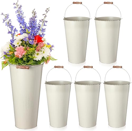 Mumufy 8 cubos de flores de 13.8 pulgadas para flores, cubo de metal galvanizado con asa, jarrones de flores de granja, rústico, vintage, decoración