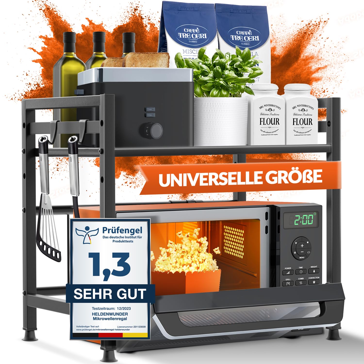 Heldenwunder Mikrowellenregal Küchenregal stehend Stahl (2-stufig) | Mikrowellen Regal Mikrowellenschrank | Vorratsregal Bäckerregal höhen & längenverstellbare Ablage + Videoanleitung, Haken - Schwarz