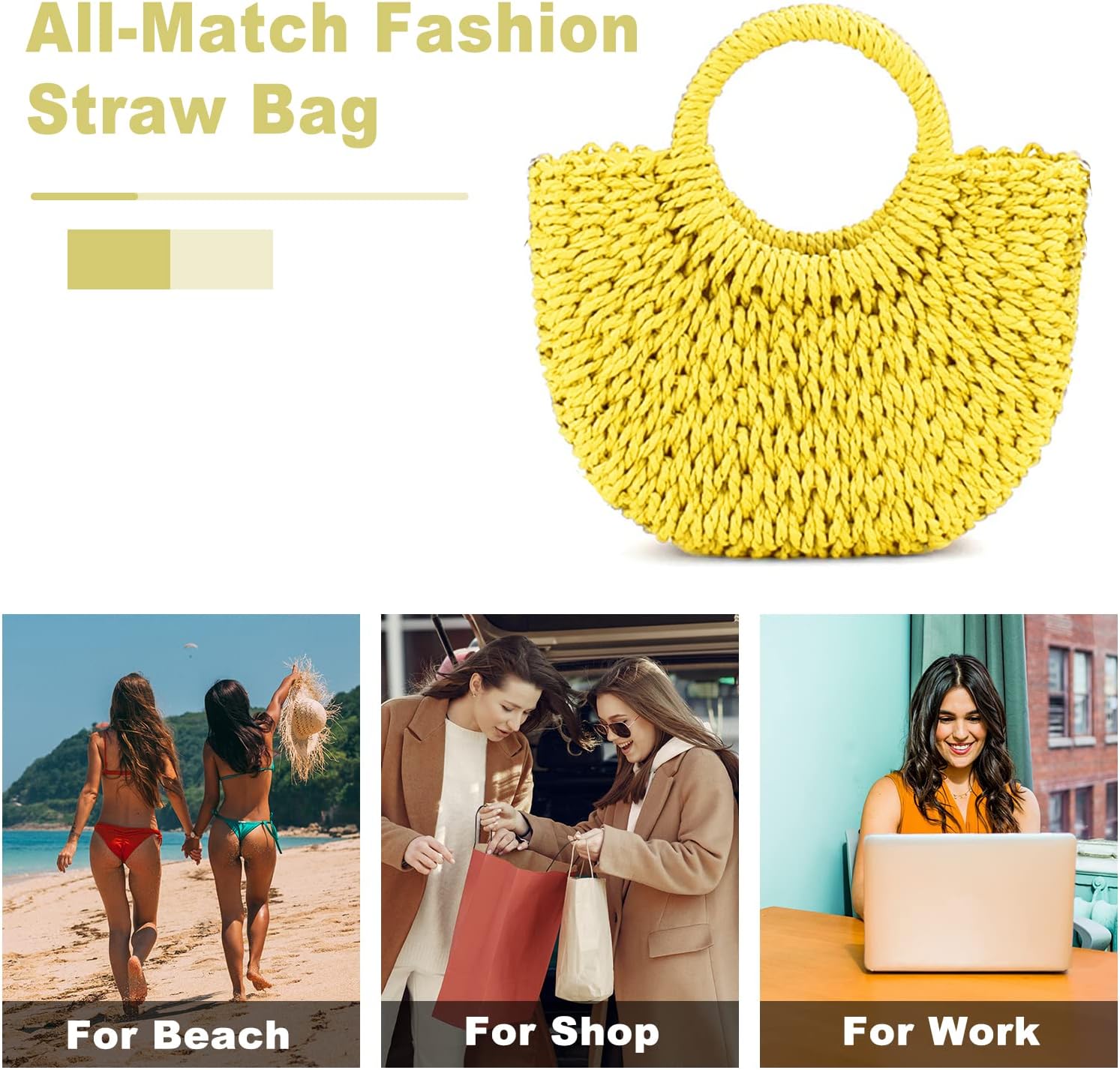 Mini Semi-circle Rattan Straw Bag, Hand-woven Women Summer Retro Beach Tote Shoulder Bag Crossbody Travel Beach Bag - Image 6