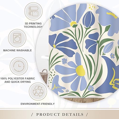 Miniatura 6 de Glawry Cortina de ducha bohemia azul y verde, abstracta, linda, azul marino, Matisse, floral, flores, hojas, retro, Groovy, baño, moderno, 60