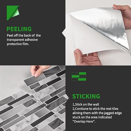 Miniatura 7 de LONGKING 10 hojas de azulejos autoadhesivos de primera calidad para salpicaduras de cocina, en mármol, gris para despegar y pegar, 12 x 12 pulgadas