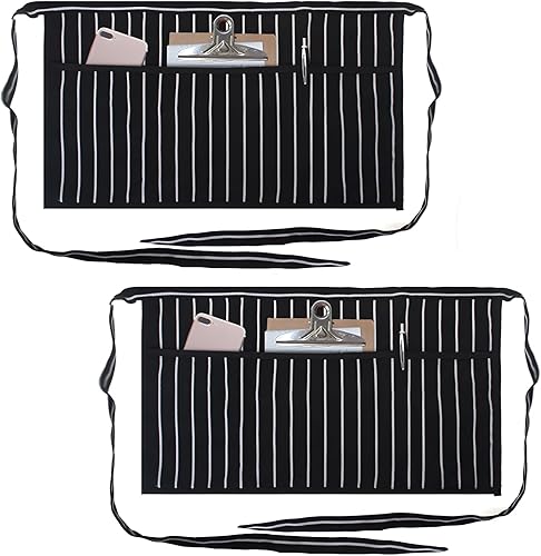 TopTie Paquete de 2 delantales de cintura para camarera bistró con 3 bolsillos, medio delantal de cocina de restaurante, 24 pulgadas de ancho x 12