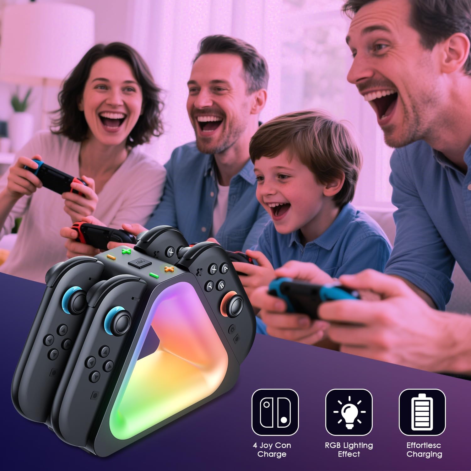 Switch 2 Joy-Con Charging Dock 4-in-1 Magnetic Fast Charging Station 7 RGB Lighting Modes Smart Safety Protection Compatible with 2025 Nintendo Switch 2 Controllers - Image 7