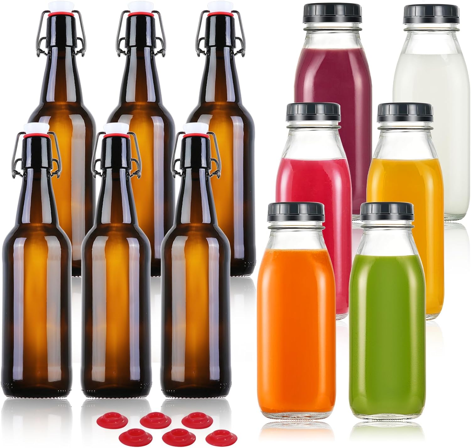 YEBODA 16 oz Amber Glass Beer Bottles with Flip Caps 6 Pack + 16oz Glass Milk Bottle with Plastic Tamper-proof Caps (6 Pack)