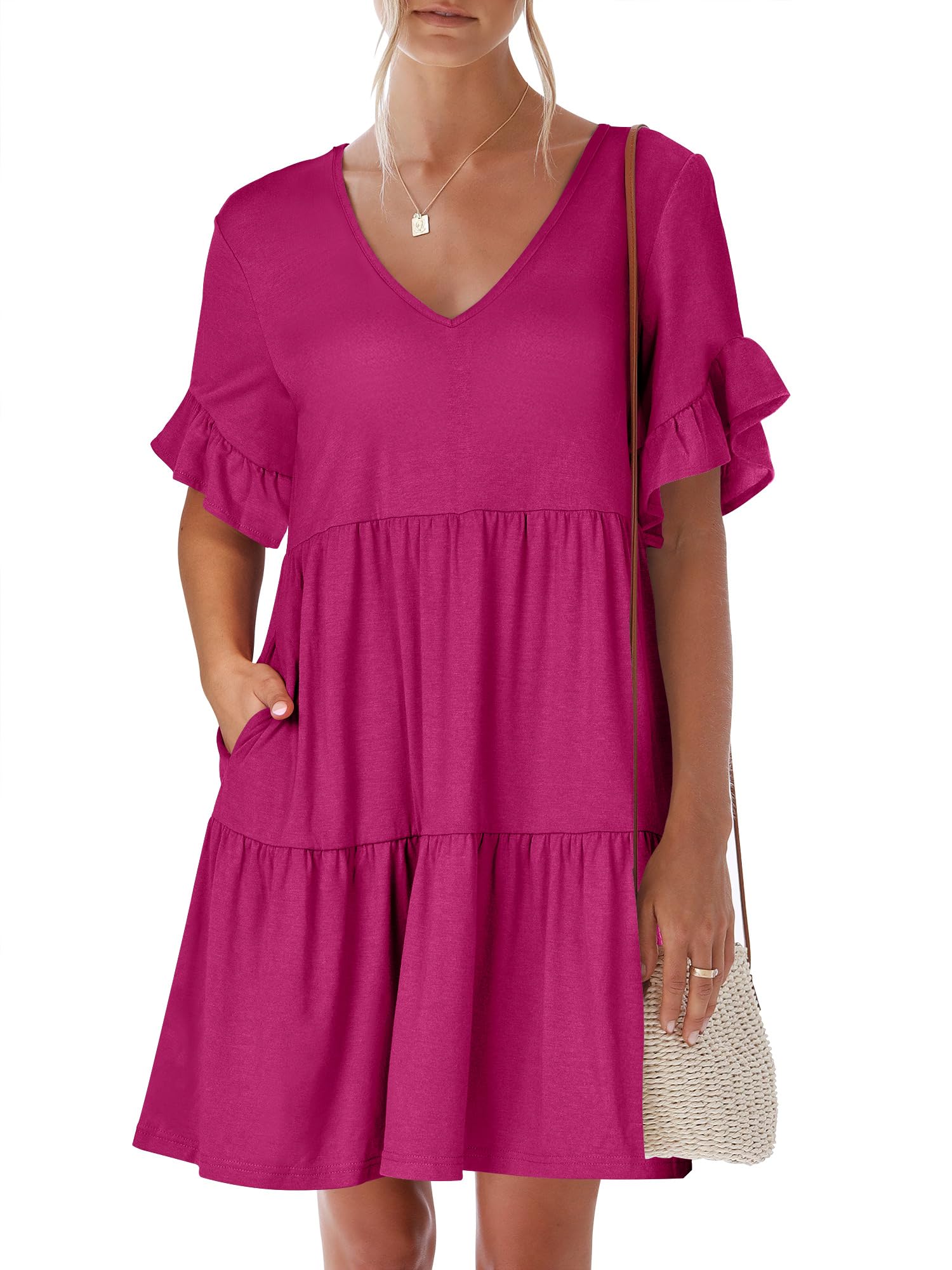 ANRABESS Dresses for Women Summer 2026 V Neck Ruffle Sleeve A Line Tiered Flowy Casual Trendy Mini Beach Dress with Pockets