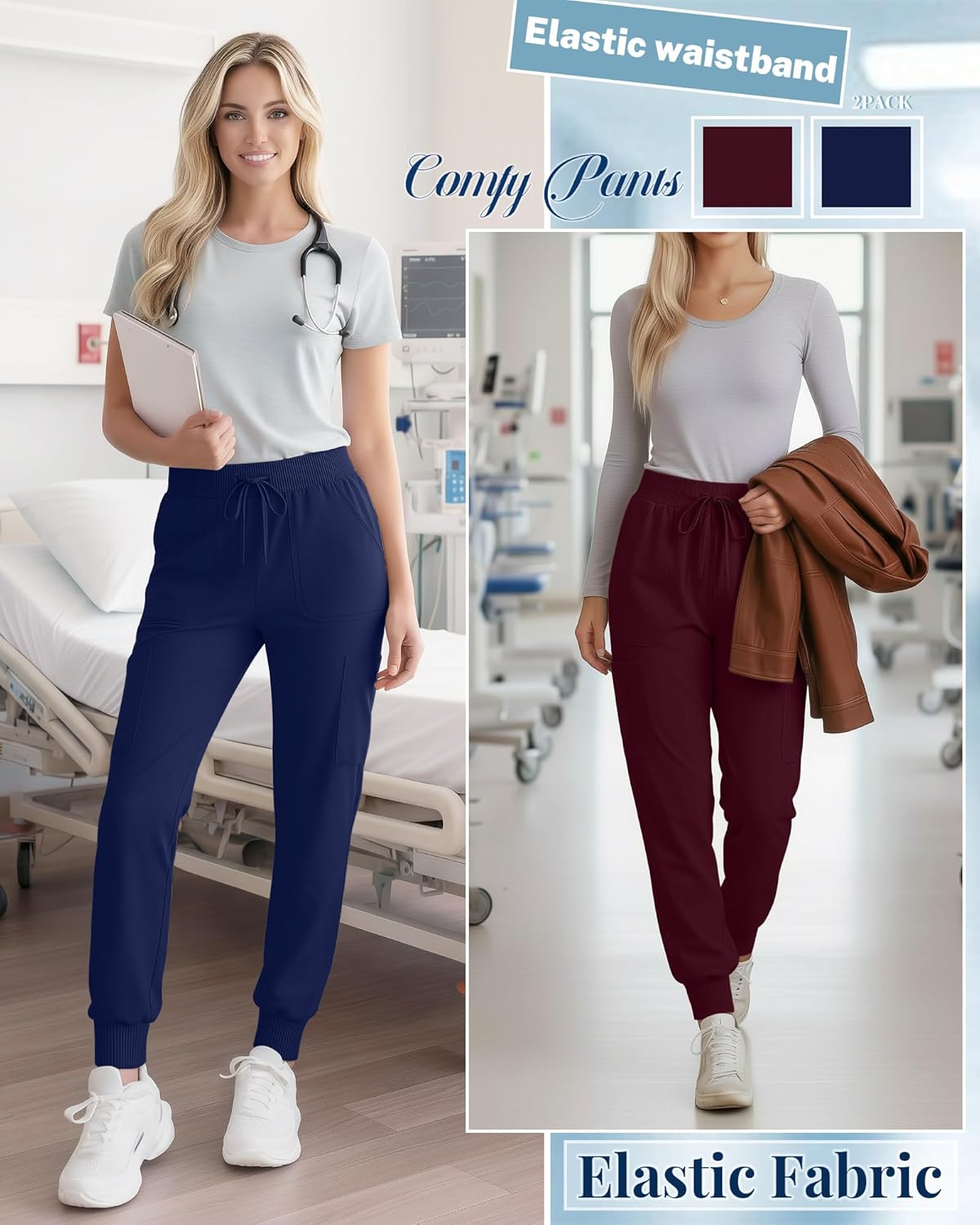2 Pack Women's Scrub Pants Elastic Waist Cargo Joggers with 6 Pockets and Drawstring Casual Nurse Pants - Image 5