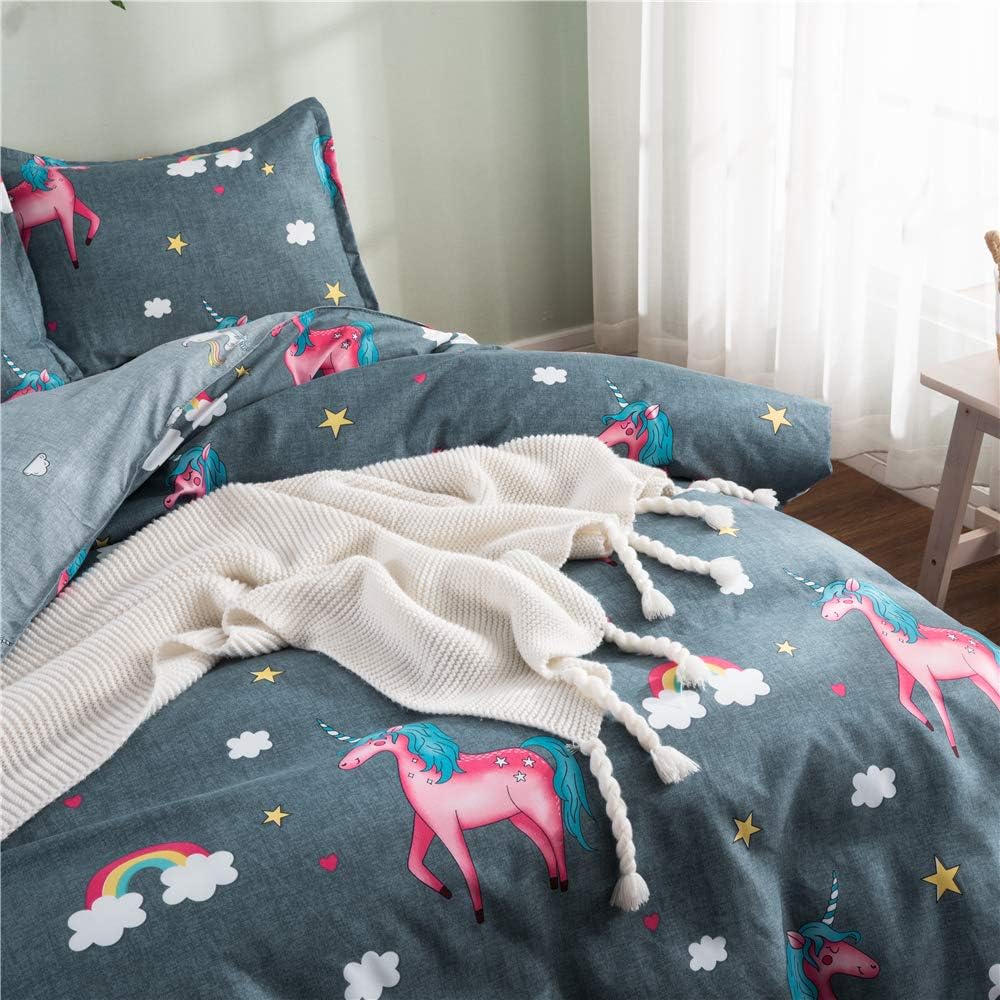 DeerHome Soft Children Duvet Cover Set Unicorn Pattern Reversible Boys Girls Bedding Set 3 Pieces with 2 Pillow Cases Best Bedding Gifts for Kids