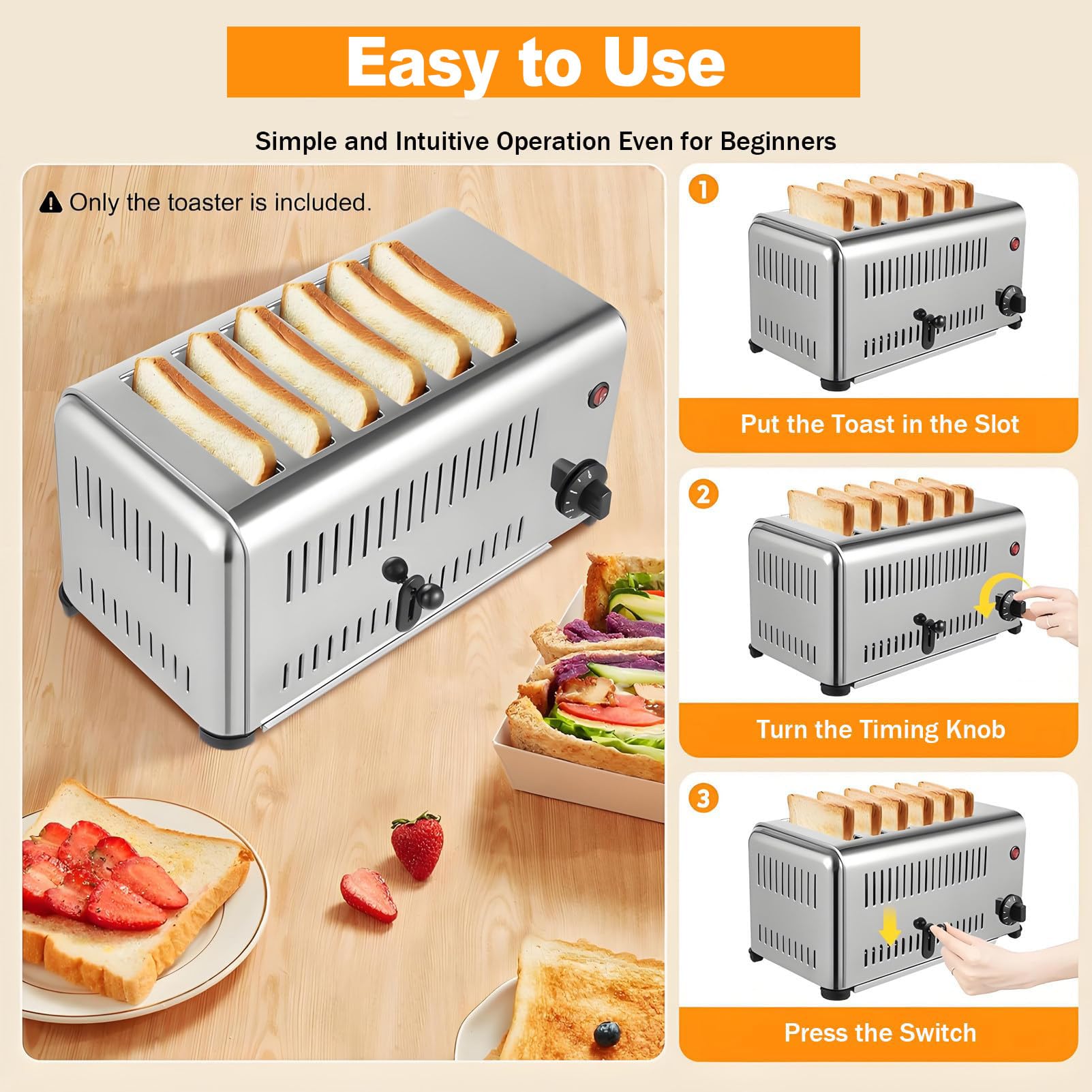 Tostadora Comercial Emergente de 6 Rebanadas, con Configuraciones de Tostado Ajustables y Una Ranura Extra Ancha para Pan de Corte Grueso; Adecuada Tanto para Restaurantes Como para Uso Doméstico.