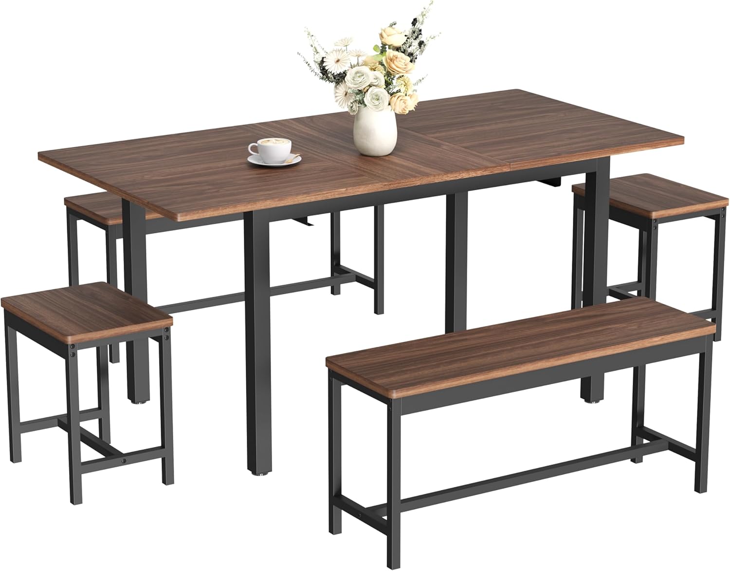 GarveeHome 5-Piece Dining Table Set for 4-8 People, 63" Large Extendable Kitchen Table Set with 2 Benches and 2 Square Stools, Modern Dining Room Furniture Sets, Easy Assembly, Espresso Espresso Brown image 9 of 9 B0FLXT5KZQ