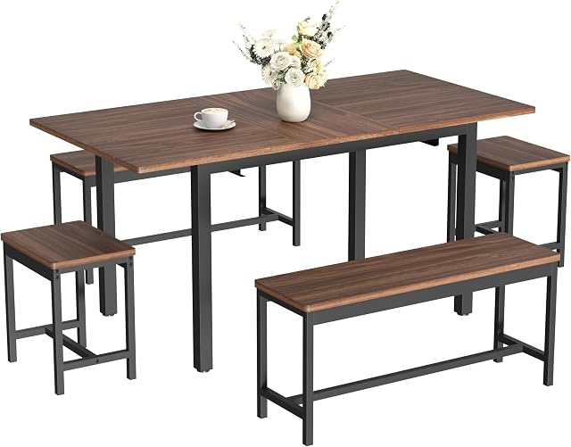 Modern Extendable Dining Table Set for 4-8 – 5-Piece Space-Saving Farmhouse Set with 63in Table, 2 Benches, 2 Stools – Easy Assembly – Kitchen & Dining Room Furniture – Brown
