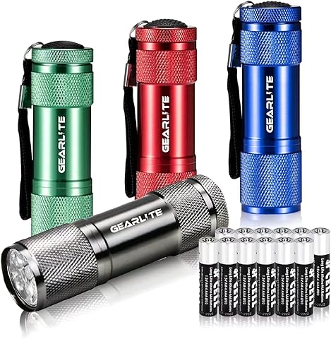 GEARLITE Mini Linternas LED, 4 Pack Aluminio Linternas Niños Pequeña con 12 Pilas AAA, IP65 Impermeable Linterna con Cordón para Acampada Camping Senderismo Outdoor