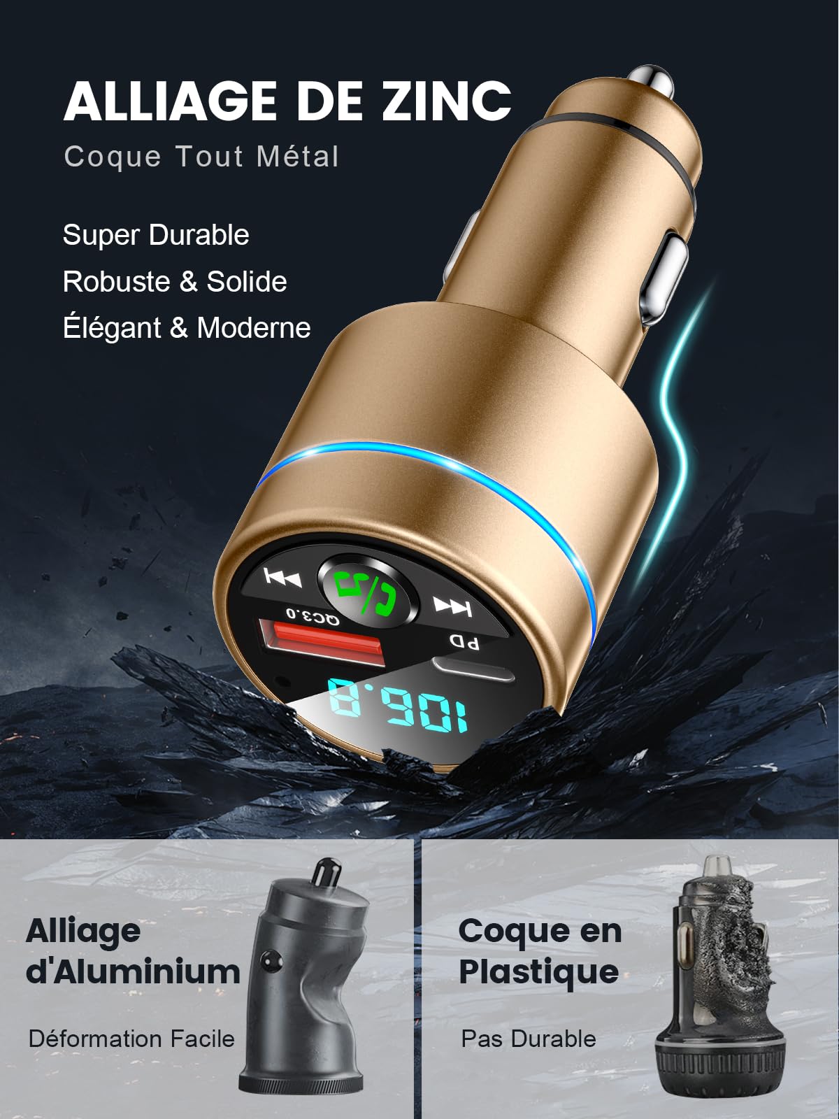 Mohard Transmetteur FM Bluetooth 5.3, Tout Métal Bluetooth Voiture, Chargeur Rapide de Voiture PD30W Type C+QC3.0, Adaptateur Bluetooth Autoradio, Suppression du Bruit, Appel Main Libre, Musique Hi-Fi