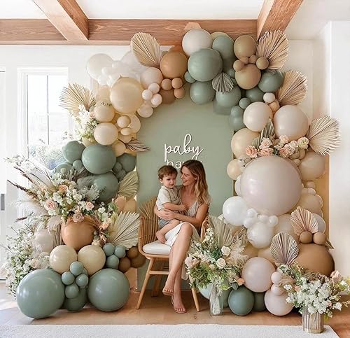 Miniatura 7 de Guirnalda de globos de color verde polvoriento, doble relleno, color marrón rubor, crema, arena, blanco, neutro, mate, kit de arco de globos para