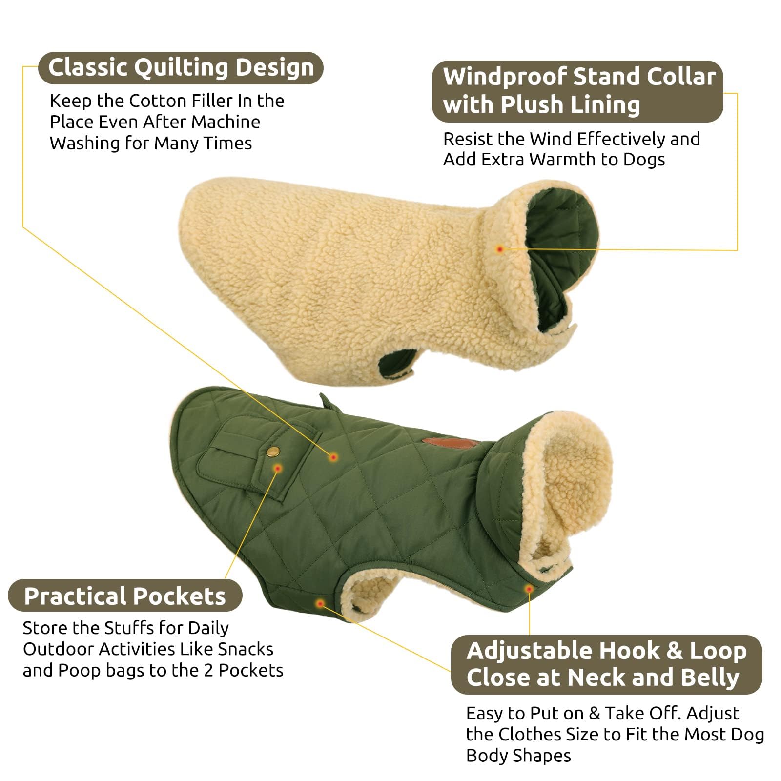 CITÉTOILE Cappotto per Cani, Gilet Invernale Chihuahua con foro Coulisse, Giacca Calda di lana Spessa Adatta a Cani Invernali Piccoli/Medi/Grandi, Verde, XS