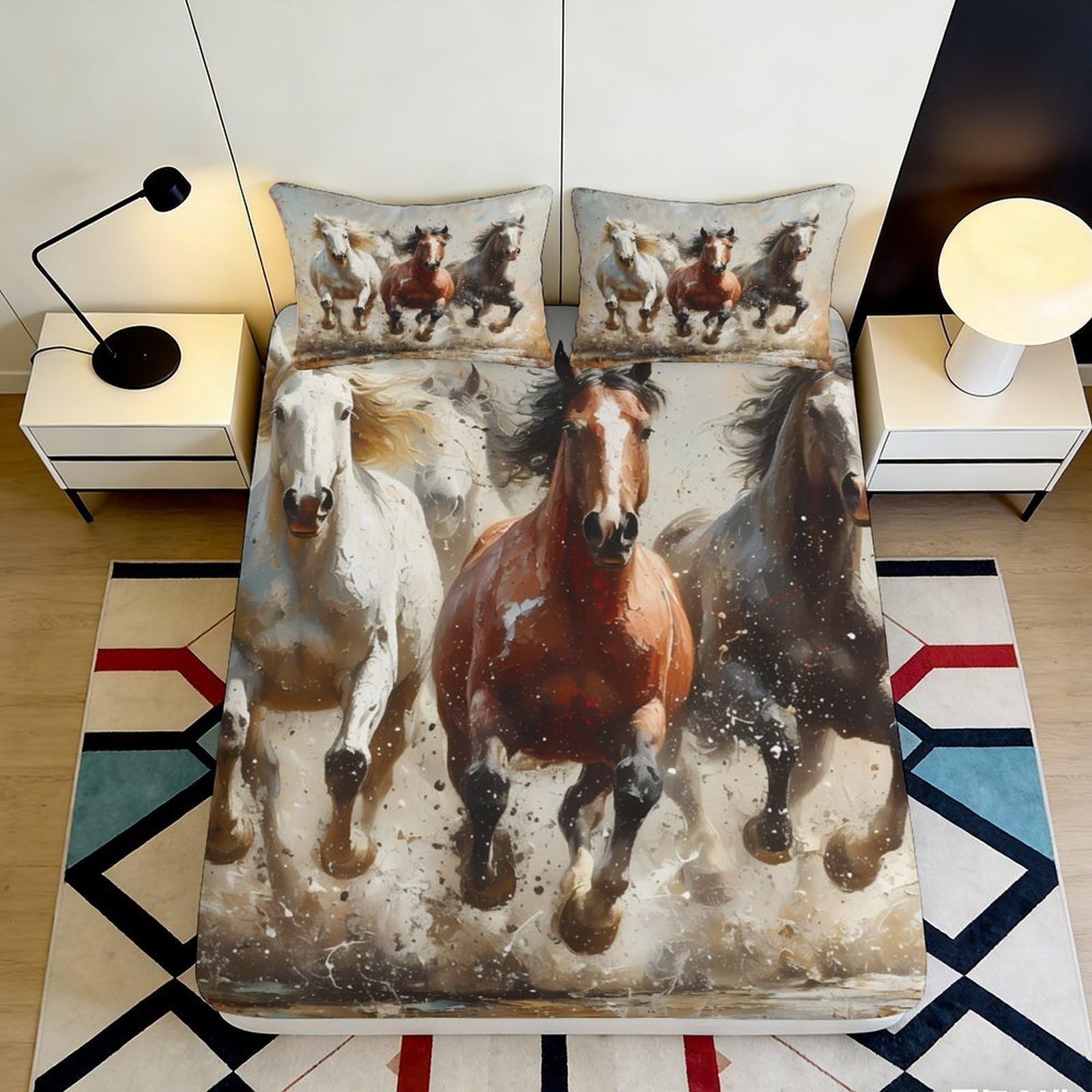 3D Printed Running Horse Fitted Sheet Microfiber Durable Wild Horses Bed Cover for Bedroom Guest Room Decor 90x200x25cm